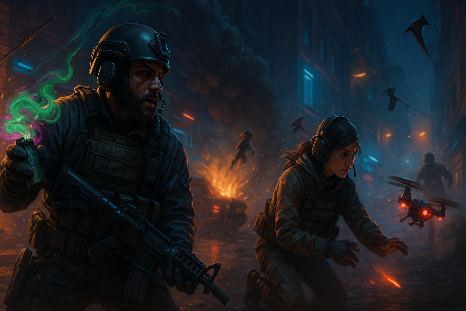 Operadores de Warzone usando nuevas granadas, drones y perks en una zona urbana nocturna de la Season 1