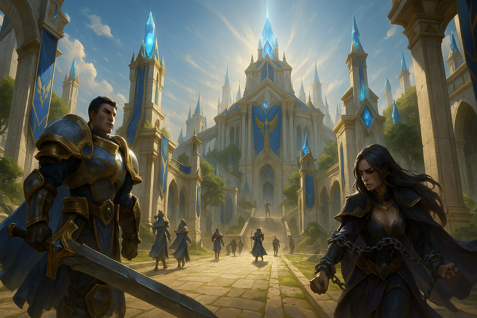 Templo y ciudad demaciana antigua con campeones de League of Legends avanzando hacia la batalla en la nueva Season 1 2026