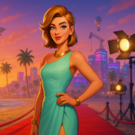 Cat Holloway posando como estrella de cine en la costa dorada de Fortnite con luces y cámaras de fondo