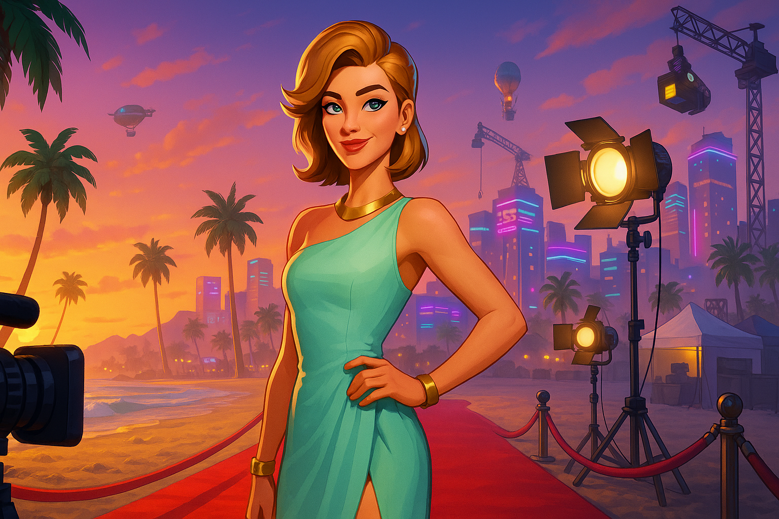 Cat Holloway posando como estrella de cine en la costa dorada de Fortnite con luces y cámaras de fondo