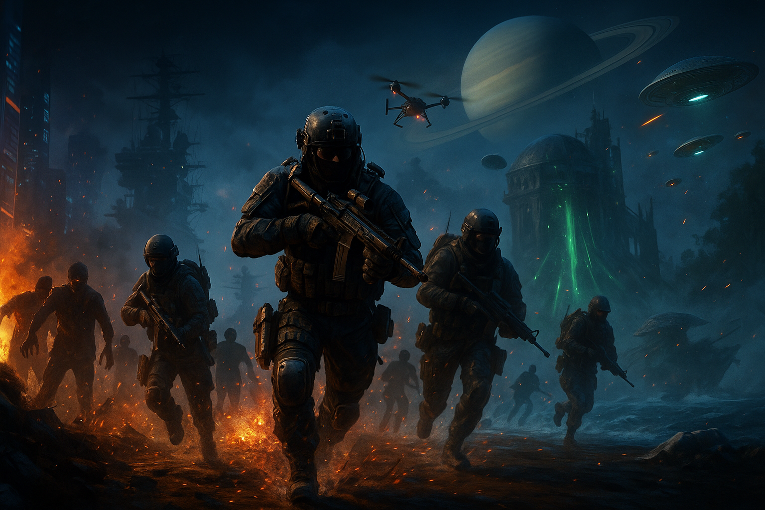 Arte de Black Ops 7 Temporada 1 con soldados futuristas, nuevos mapas urbanos y espaciales, más hordas de Zombies atacando