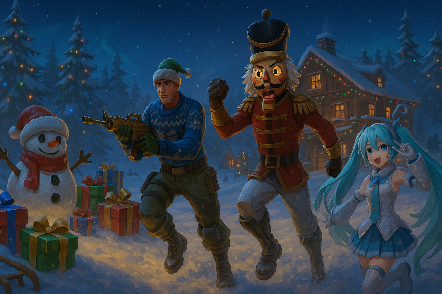 Escena de Winterfest 2025 en Fortnite con skins festivas, regalos y nieve frente a la cabaña iluminada