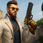 Agente de VALORANT con pistola dorada en mapa urbano, destacando el parche 11.11 y el nuevo sistema de regalos de VP