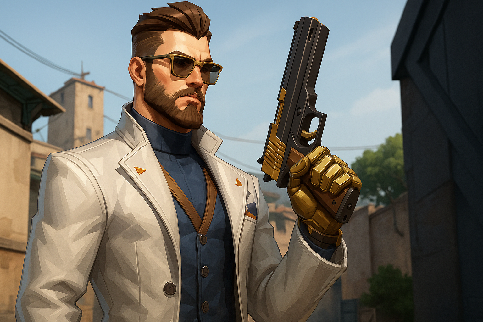 Agente de VALORANT con pistola dorada en mapa urbano, destacando el parche 11.11 y el nuevo sistema de regalos de VP