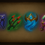 Íconos brillando de nuevos ítems míticos de League of Legends Season 1 2026 sobre pergamino antiguo