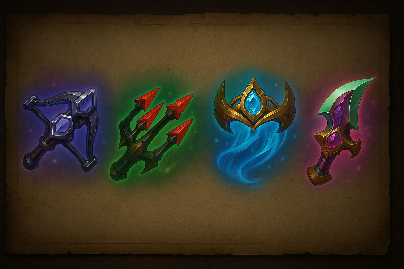 Íconos brillando de nuevos ítems míticos de League of Legends Season 1 2026 sobre pergamino antiguo