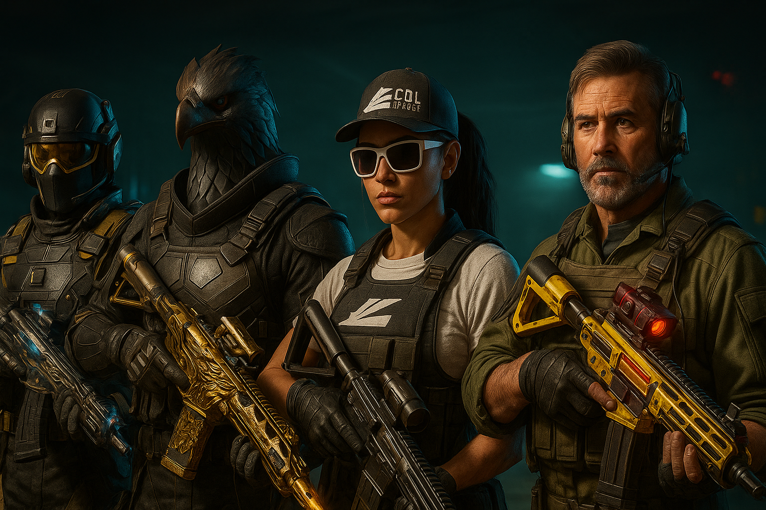 Escuadrón de operadores de Black Ops 7 con skins y armas doradas, representando los bundles premium de la tienda en la Temporada 1