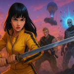 Ilustración de Fortnite Yuki’s Revenge con guerrera de traje amarillo empuñando katana, junto a Peely, Jonesy y Skull Trooper en ciudad al atardecer