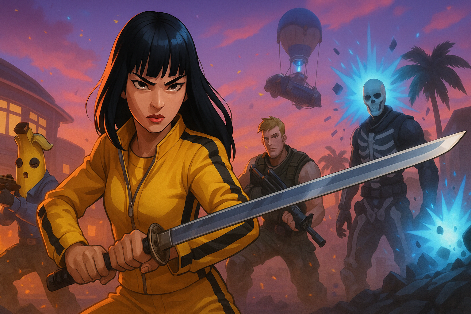 Ilustración de Fortnite Yuki’s Revenge con guerrera de traje amarillo empuñando katana, junto a Peely, Jonesy y Skull Trooper en ciudad al atardecer