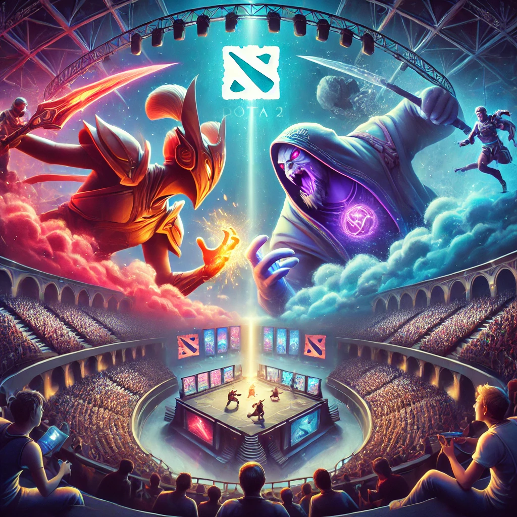 Ilustración vibrante mostrando una competencia profesional de Dota 2 con héroes icónicos en un campo de batalla dinámico.