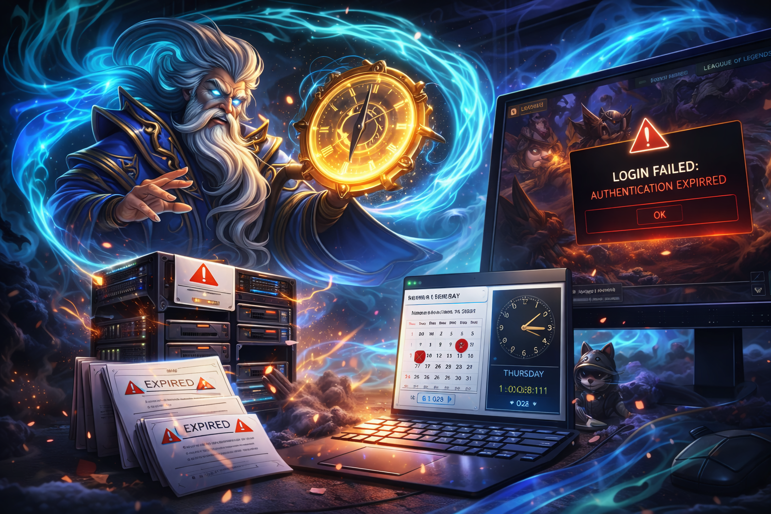 Zilean usando magia del tiempo frente a un error de login de LoL y un servidor con certificado SSL vencido