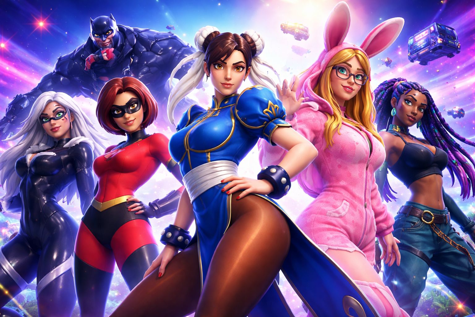 Collage de skins icónicas de Fortnite en un fondo neón futurista, con varias personajes en pose de acción, sin texto.