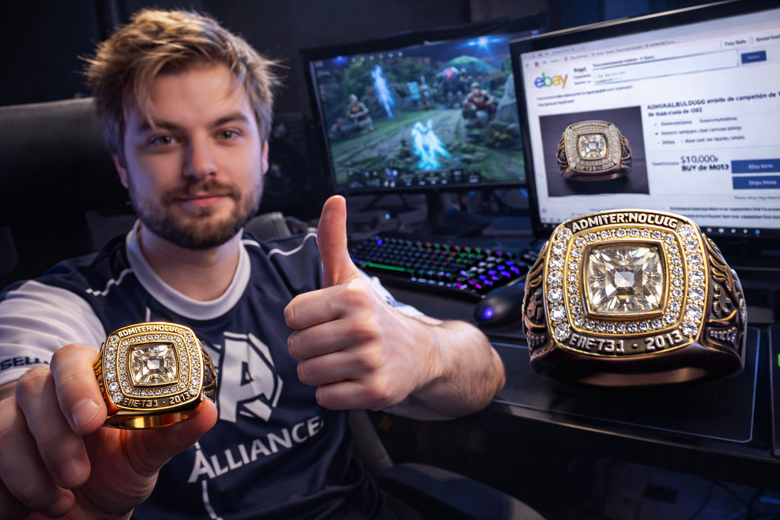 AdmiralBulldog mostrando su anillo de campeón de TI3 de Dota 2 en su setup gamer, con la subasta en eBay de fondo, sin texto.