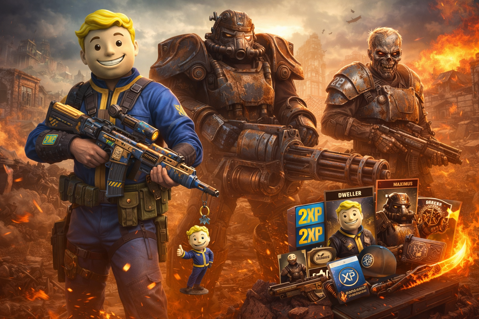 Ilustración del crossover Call of Duty x Fallout: un Vault Dweller, un soldado con Power Armor y un ghoul en un campo de batalla postapocalíptico, sin texto.
