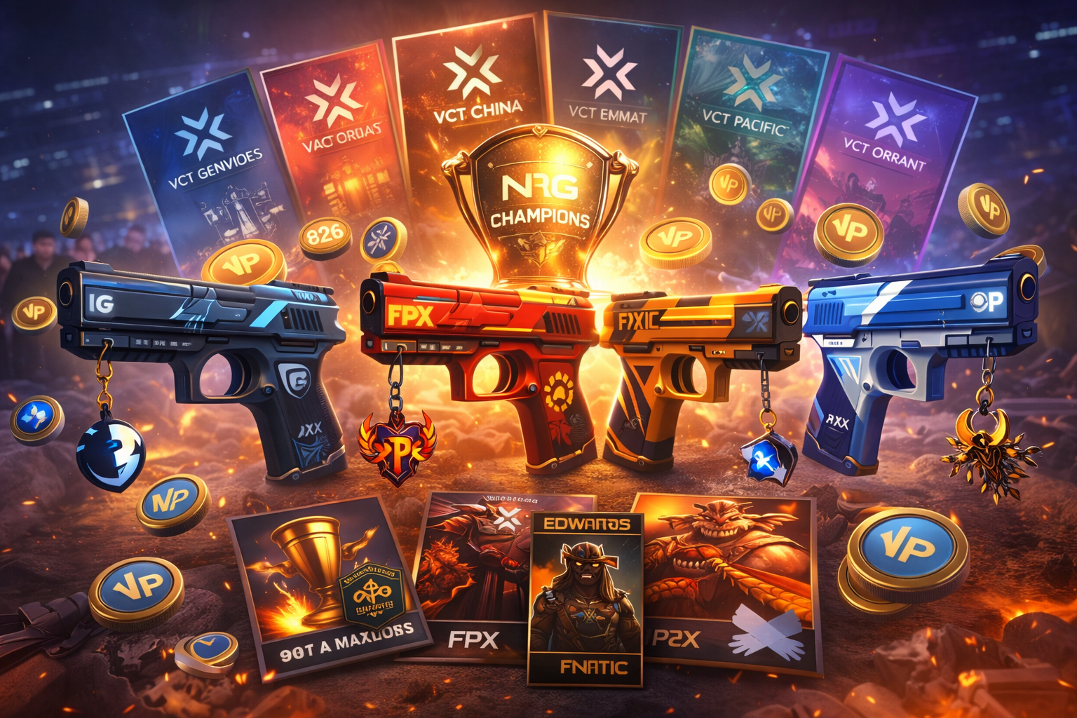 Ilustración de las Team Capsules 2026 de VALORANT con la Classic en varios diseños por región, sprays, player cards, gun buddies y monedas de VP, sin texto.