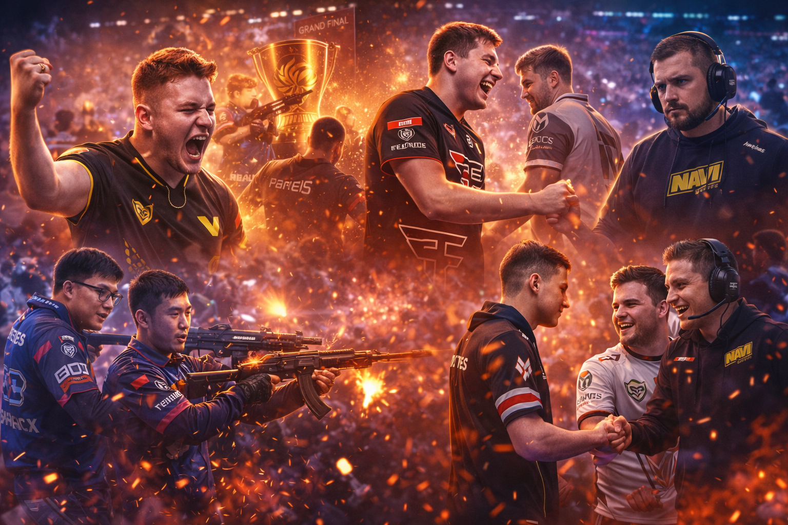 Collage estilo e-sports con momentos icónicos de Counter-Strike en 2025: celebraciones en escenario, choque de manos entre jugadores y una final con trofeo, sin texto.