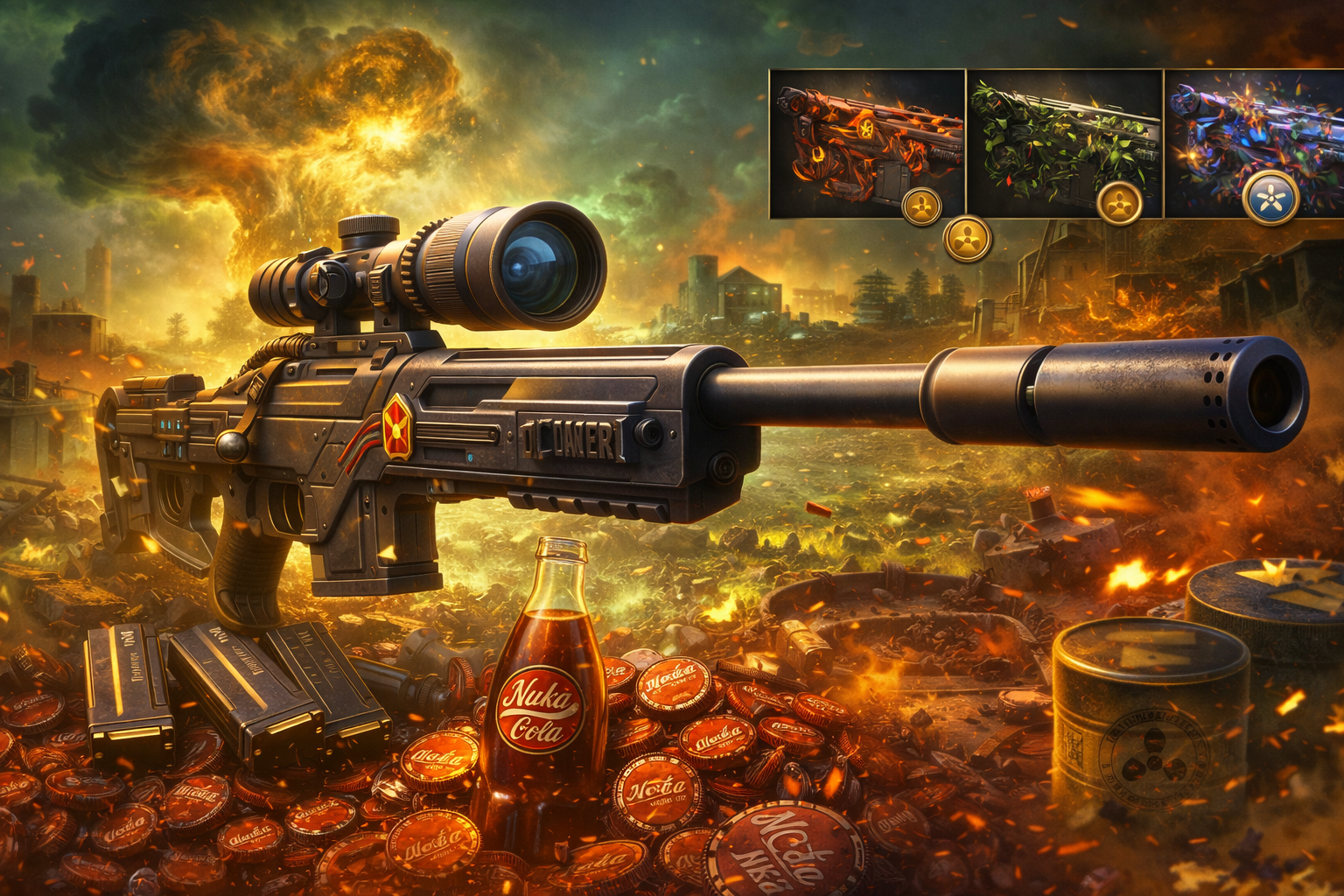 Ilustración de la Hawker HX en BO7 y Warzone sobre un paisaje postapocalíptico, con chapitas y una botella estilo Nuka, sin texto.