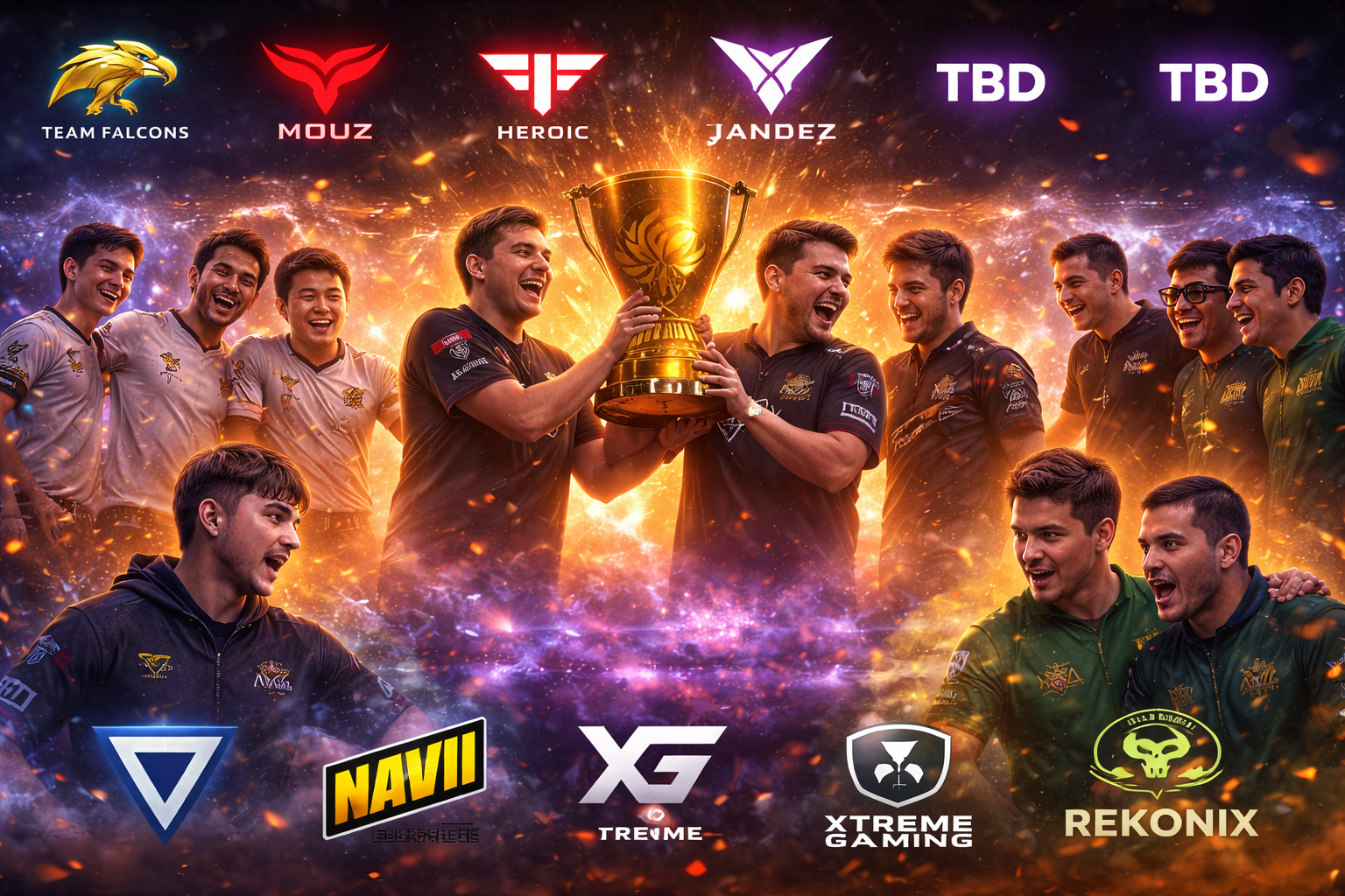 Imagen estilo e-sports del BLAST Slam 6 de Dota 2: jugadores celebrando alrededor de un trofeo con luces y confeti, sin texto.