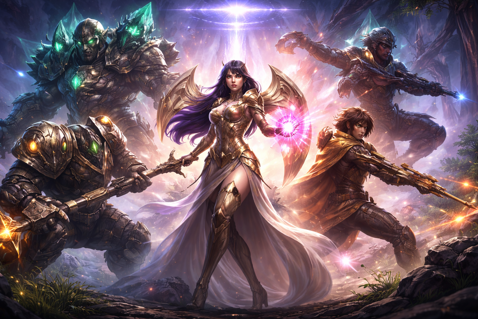 Arte fantasy estilo LoL con varios campeones en una escena demaciana, efectos de magia y armaduras brillantes