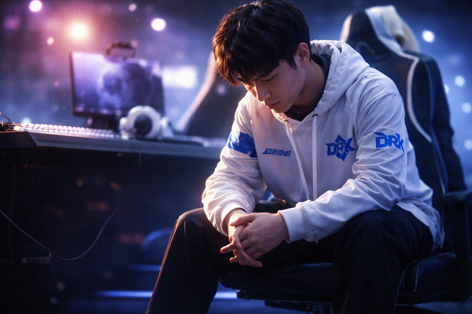 Jugador profesional de VALORANT sentado solo en un escenario de esports, con luces azules y moradas y un setup gamer al fondo