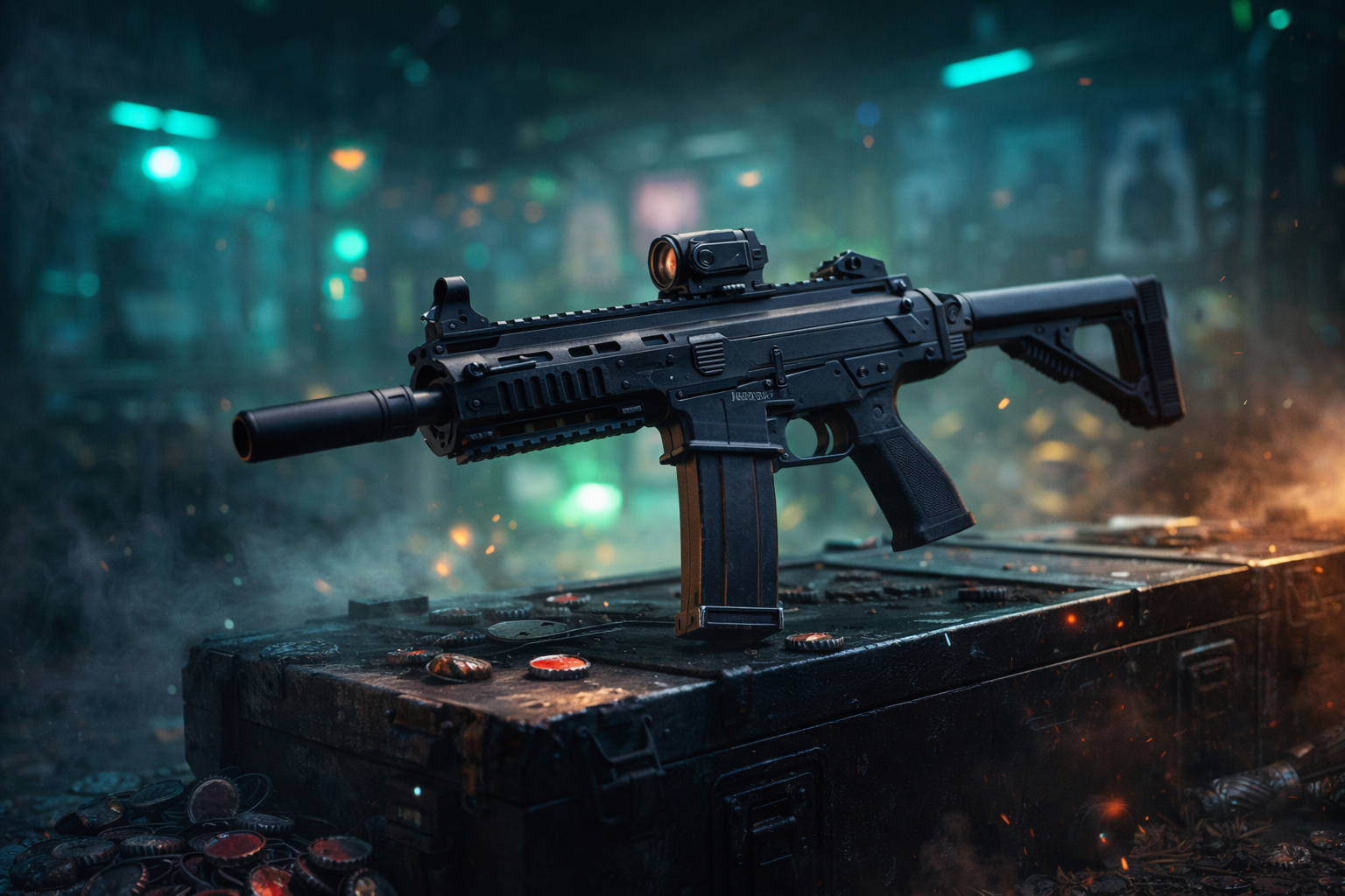 SMG táctica tipo Sturmwolf 45 sobre una caja en un rango de tiro con luces neón y chapitas esparcidas, sin texto.