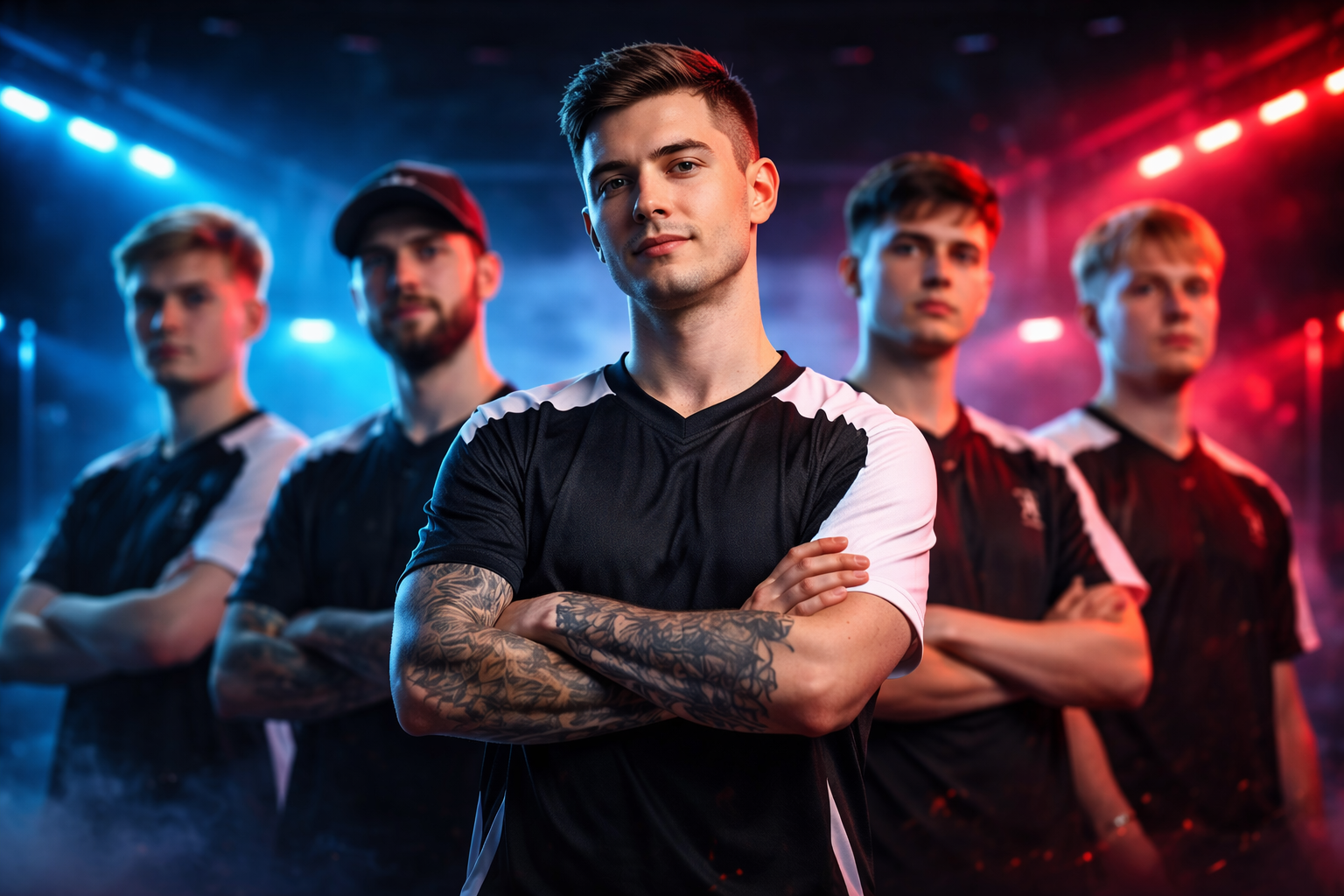 Foto estilo anuncio de roster de CS2: un AWPer al frente con cuatro compañeros detrás, iluminación azul y roja en set de esports, sin texto.