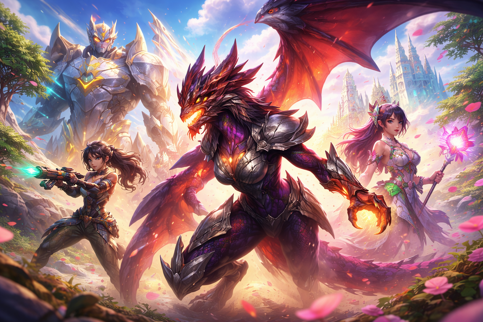Ilustración épica estilo LoL con Demacia de fondo: una dragona guerrera al centro, un coloso pétreo y dos campeonas con efectos de magia y pétalos, sin texto.
