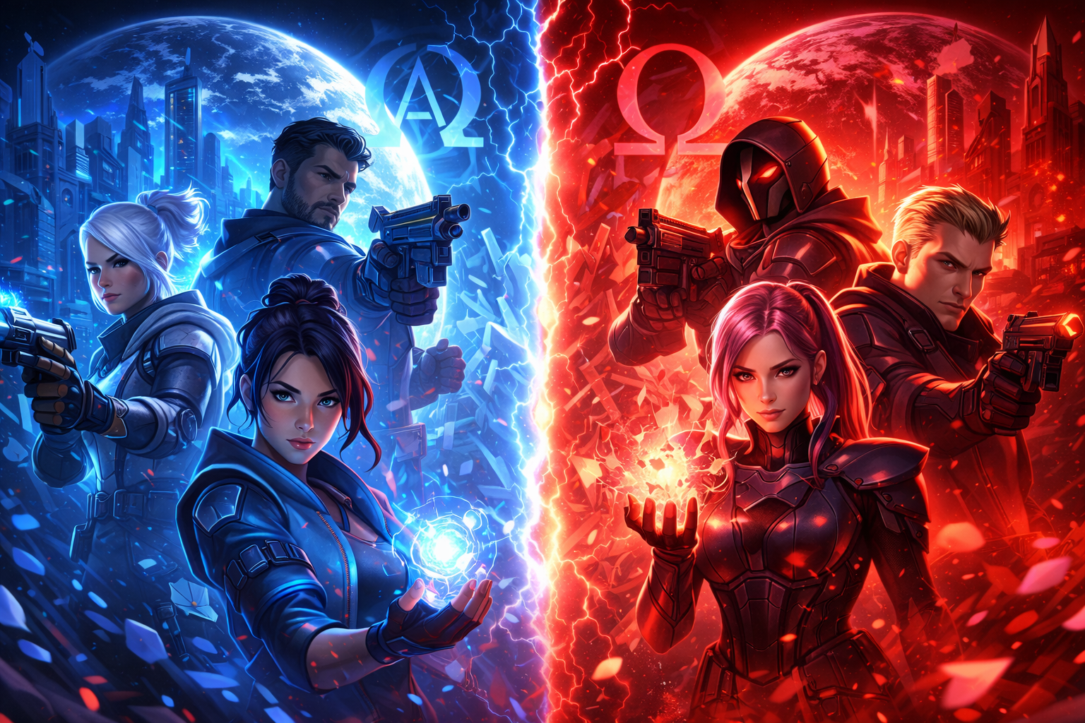 Ilustración estilo VALORANT con dos facciones enfrentadas, separadas por una grieta de energía azul y roja, con agentes y un fondo urbano futurista, sin texto.