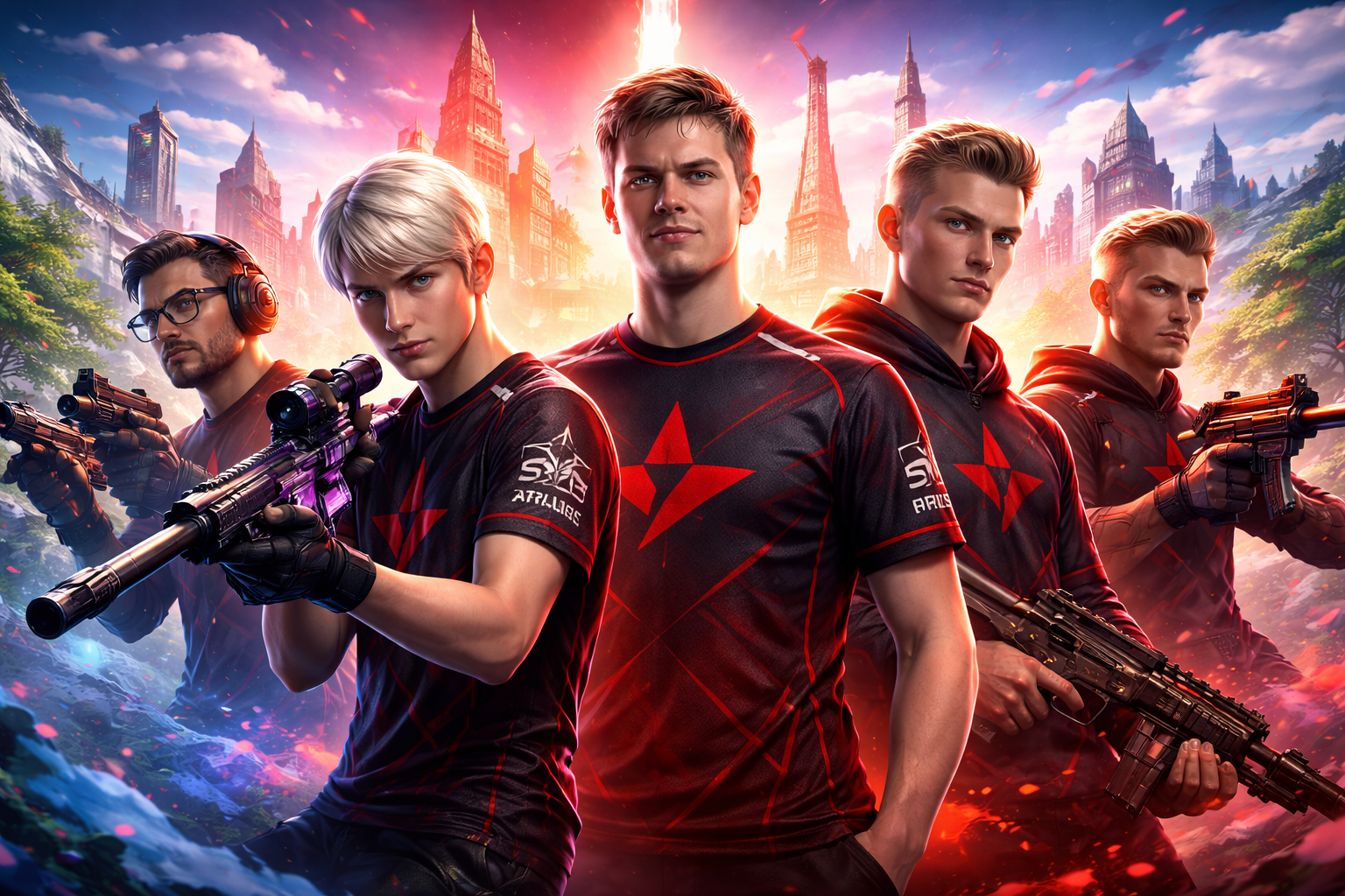 Arte estilo esports con un roster de CS2 tipo Astralis: cinco jugadores en pose de anuncio bajo luces rojas, con estética de equipo internacional, sin texto.