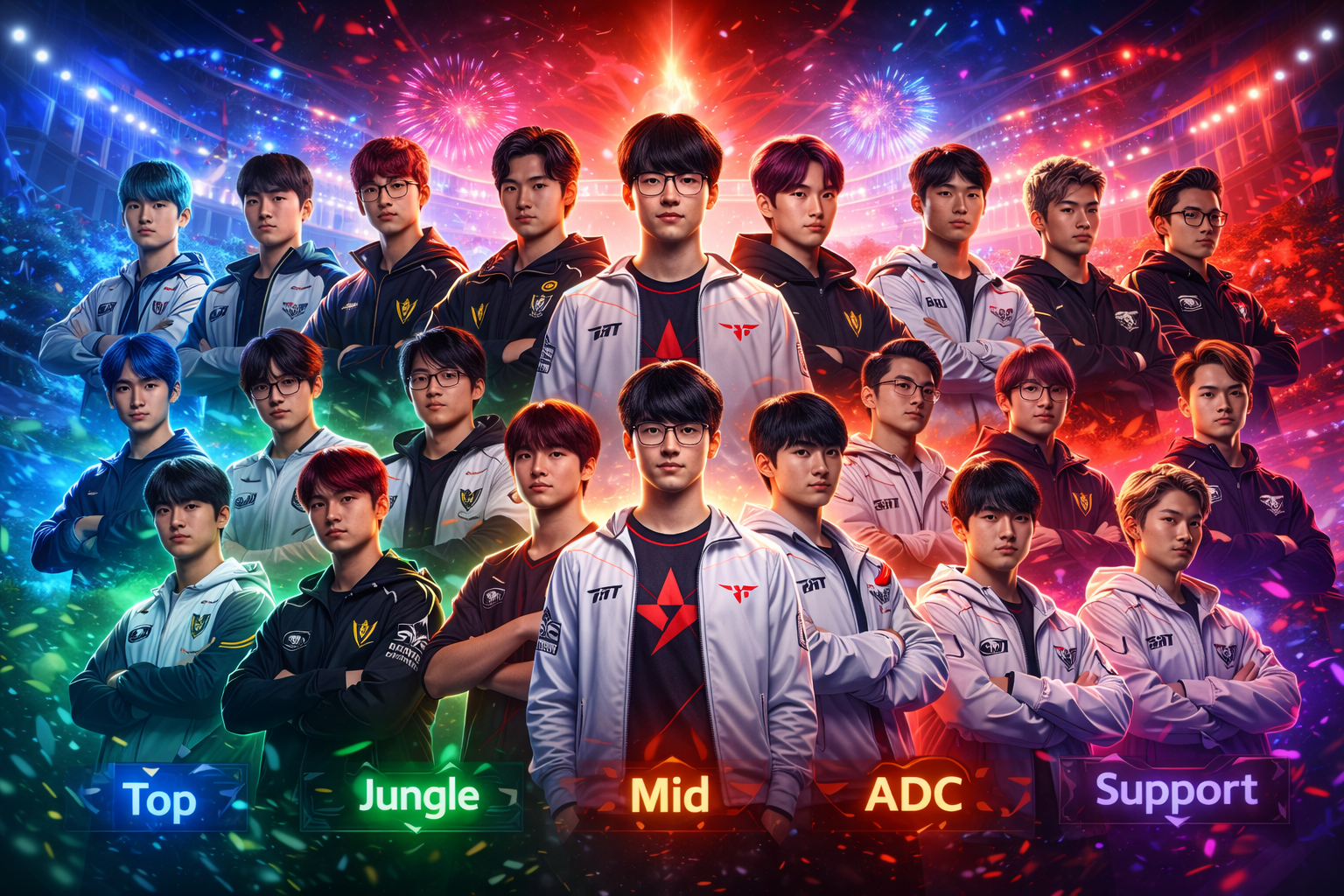 Imagen promocional del LCK Season Opening 2026 con cinco equipos por rol (Top, Jungle, Mid, ADC y Support) en un escenario de esports con luces y fuegos artificiales, sin texto