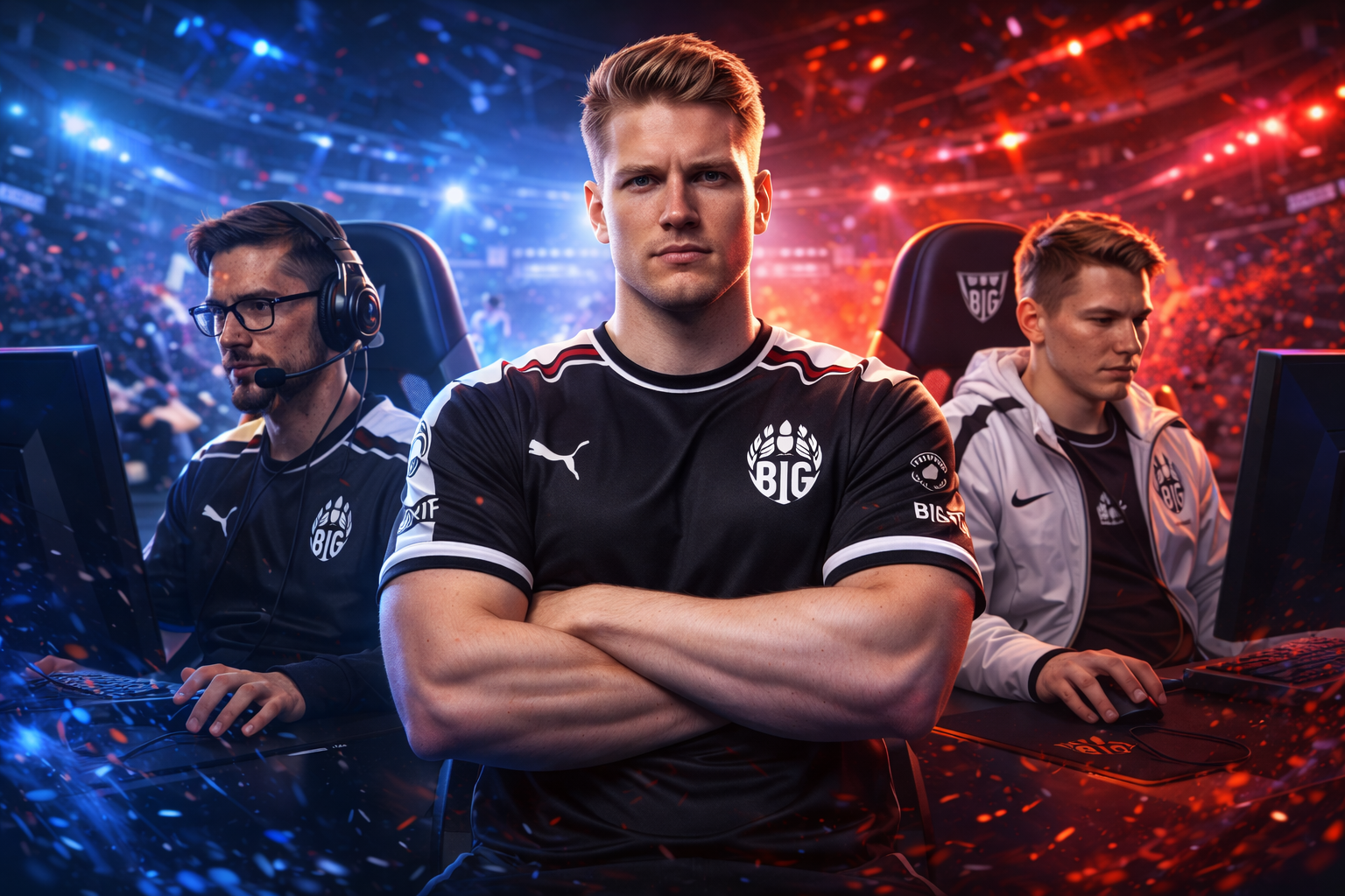 Imagen promocional estilo esports de un IGL de CS2 al frente con dos compañeros detrás en un escenario con luces rojas y azules, sin texto.