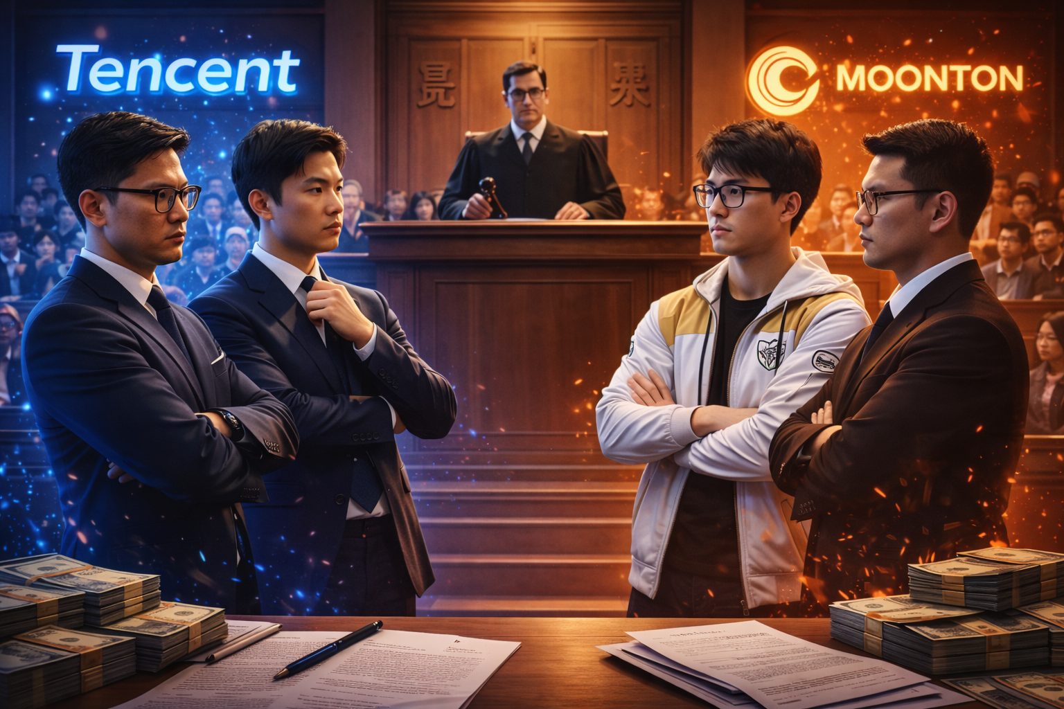 Escena realista en una sala de tribunal: representantes de dos empresas frente a frente en una mesa, juez al fondo y documentos legales sobre la madera, sin texto.