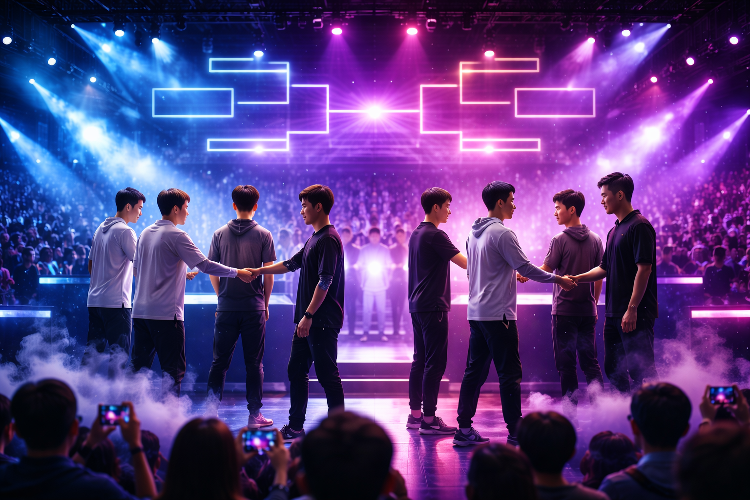Escena realista de un torneo de esports: dos equipos se dan la mano en el escenario con luces azules y moradas, humo y público al fondo, sin texto.