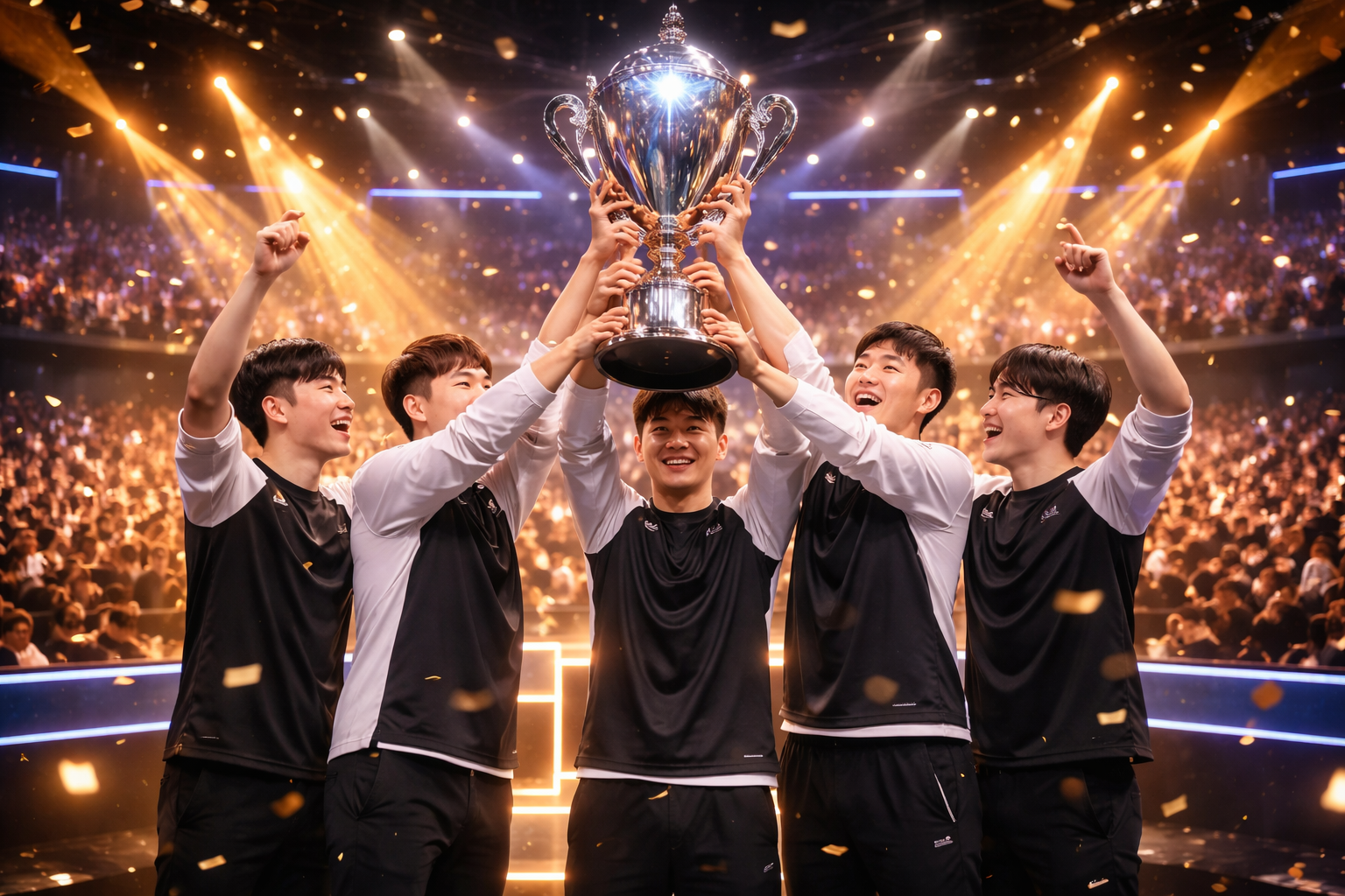 Foto realista en escenario de esports: un equipo coreano levanta un gran trofeo con confeti y luces doradas, público lleno al fondo, sin texto.