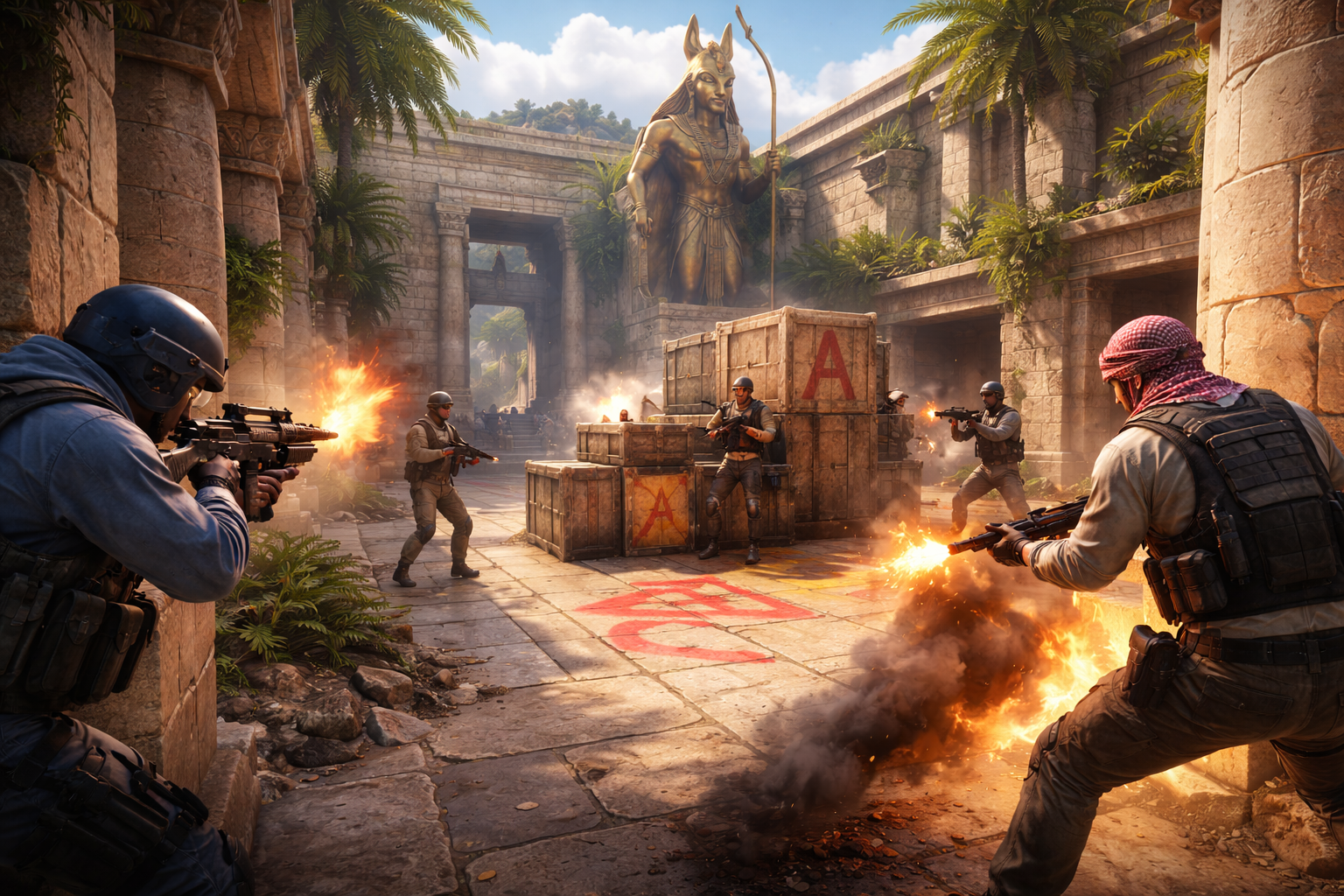 Escena de CS2 en el mapa Anubis: tiroteo intenso en el bombsite A con estética de templo egipcio, humo y explosiones, sin texto