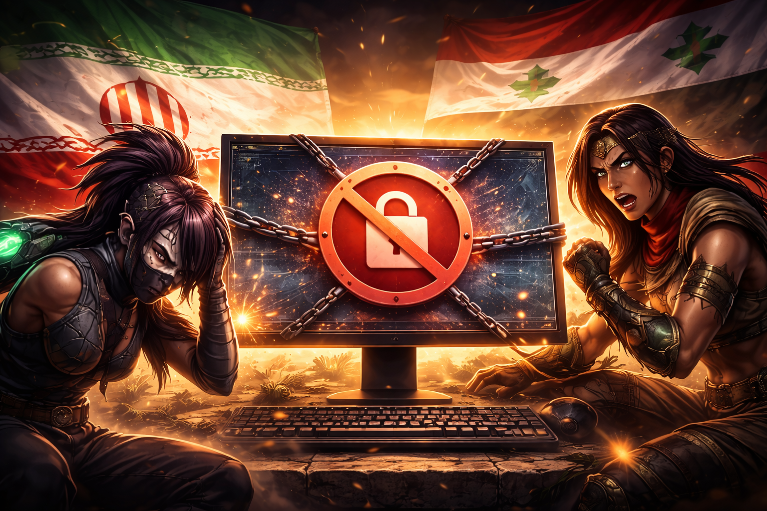 Ilustración estilo esports: pantalla bloqueada con candado y cadenas, luces dramáticas y ambiente gamer, sin texto.