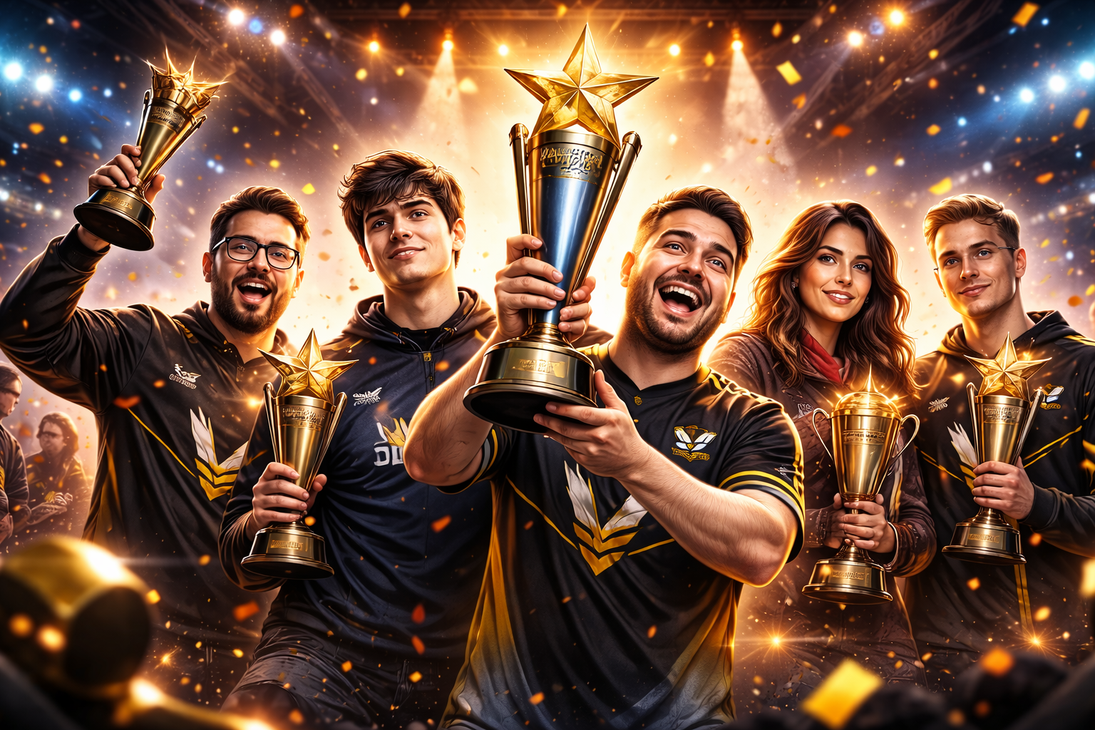 Celebración de premios de Counter-Strike 2 con jugadores levantando trofeos bajo luces y confeti