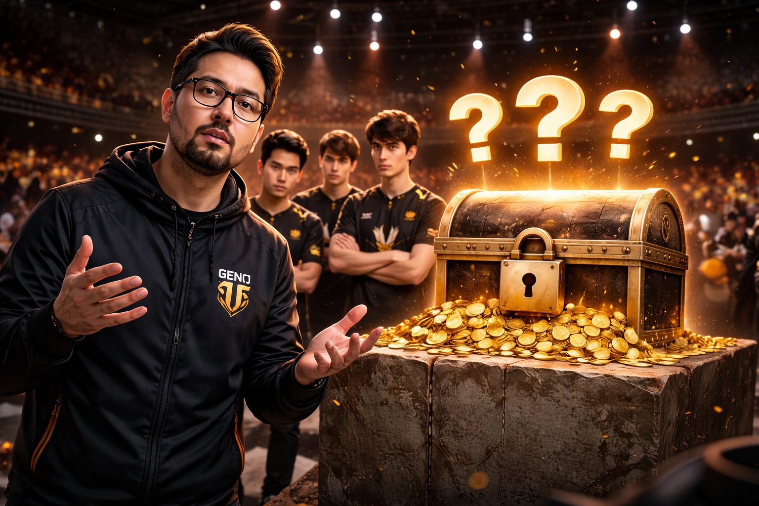 Arnold Hur, CEO de Gen.G, en una escena tipo entrevista en una arena de esports, con jugadores al fondo y luces de escenario.