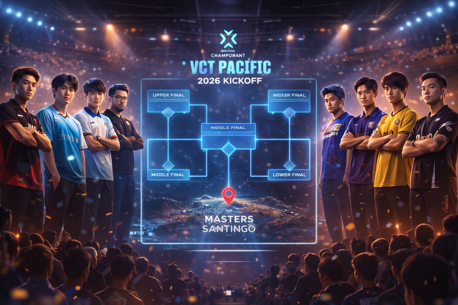 Jugadores de VALORANT en un estadio eSports, con ambiente de torneo y luces, representando el VCT Pacific 2026 Kickoff.