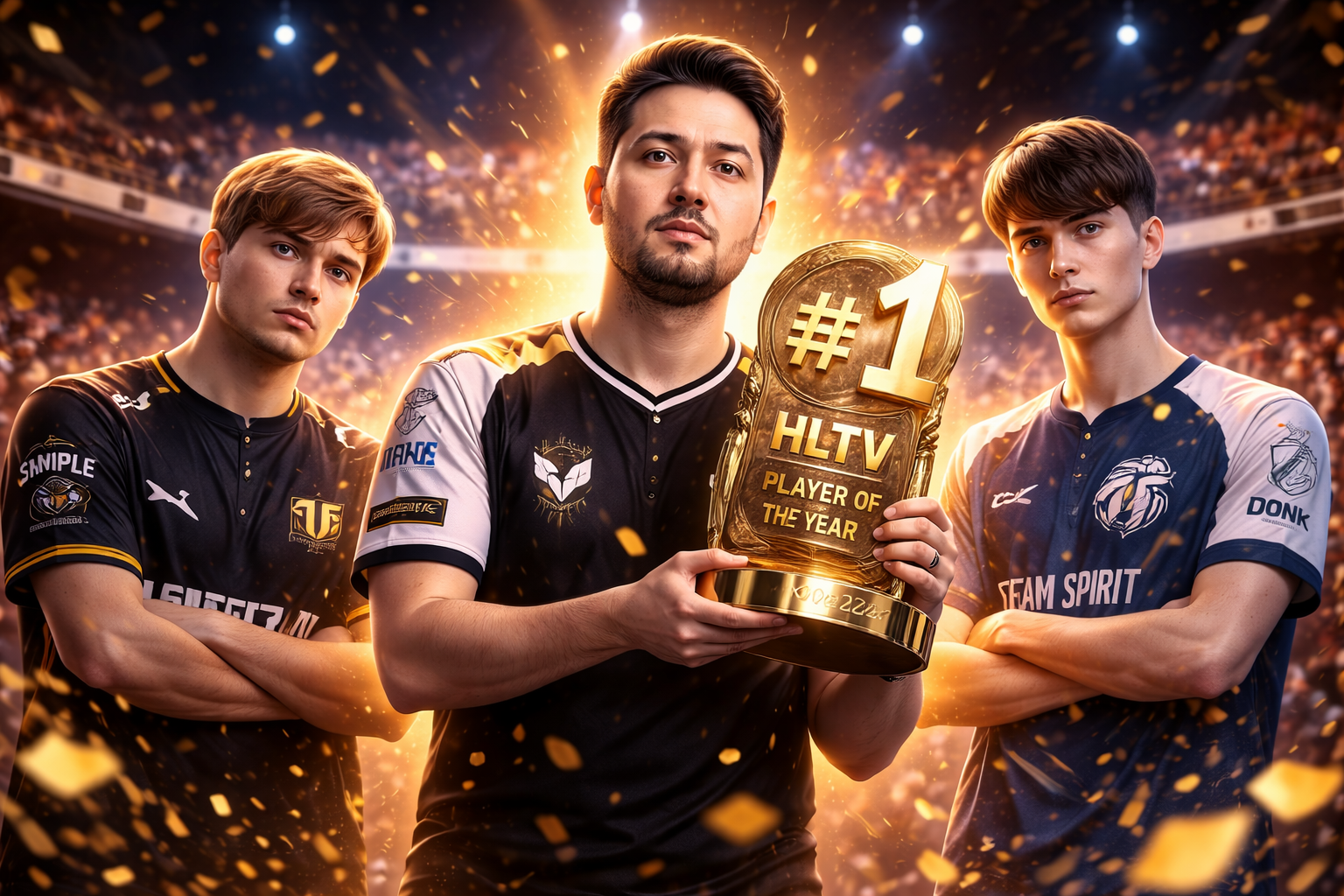 ZywOo levantando el trofeo de Jugador del Año de HLTV con confeti, con dos rivales a los lados en un escenario de esports.