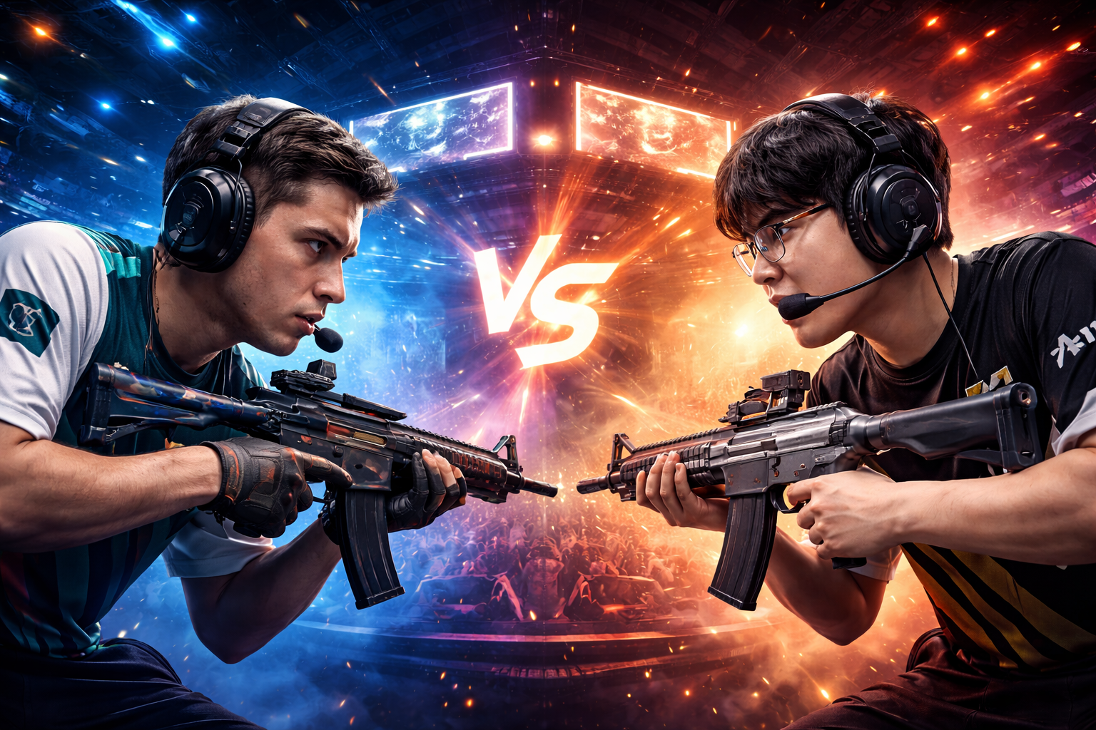 Duelo 1v1 de VALORANT entre dos pros en un escenario de esports, listo para definir el lado del mapa, con luces y público desenfocado.