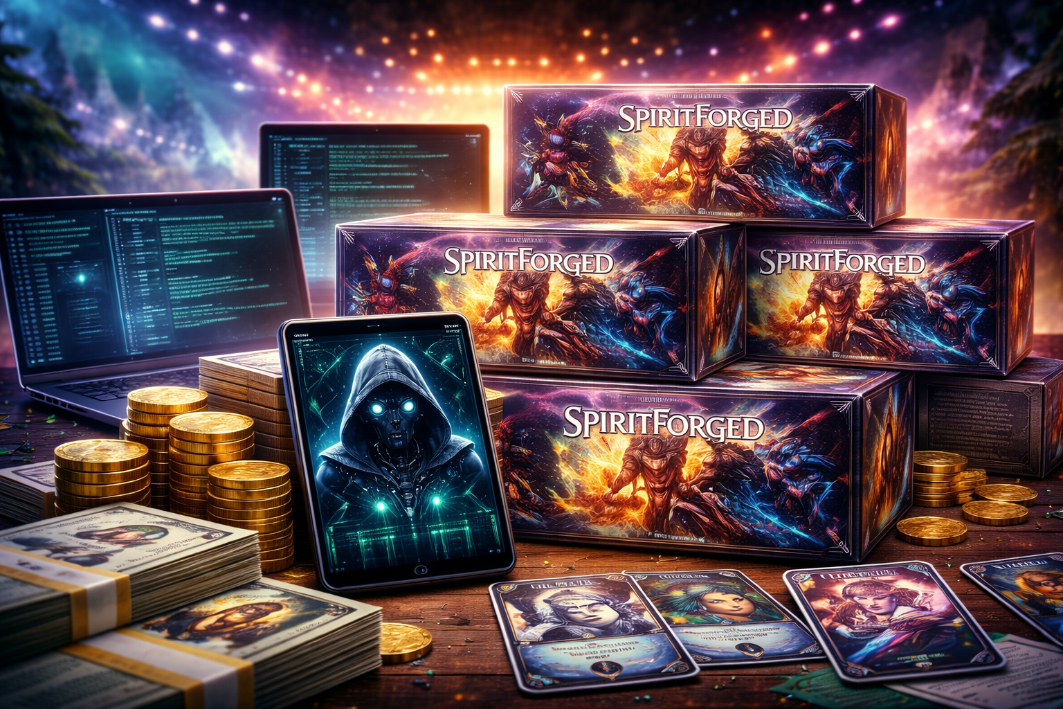 Cajas de cartas coleccionables Spiritforged apiladas, con laptops mostrando actividad de bots y monedas, en un ambiente gamer tipo LoL, sin textos.