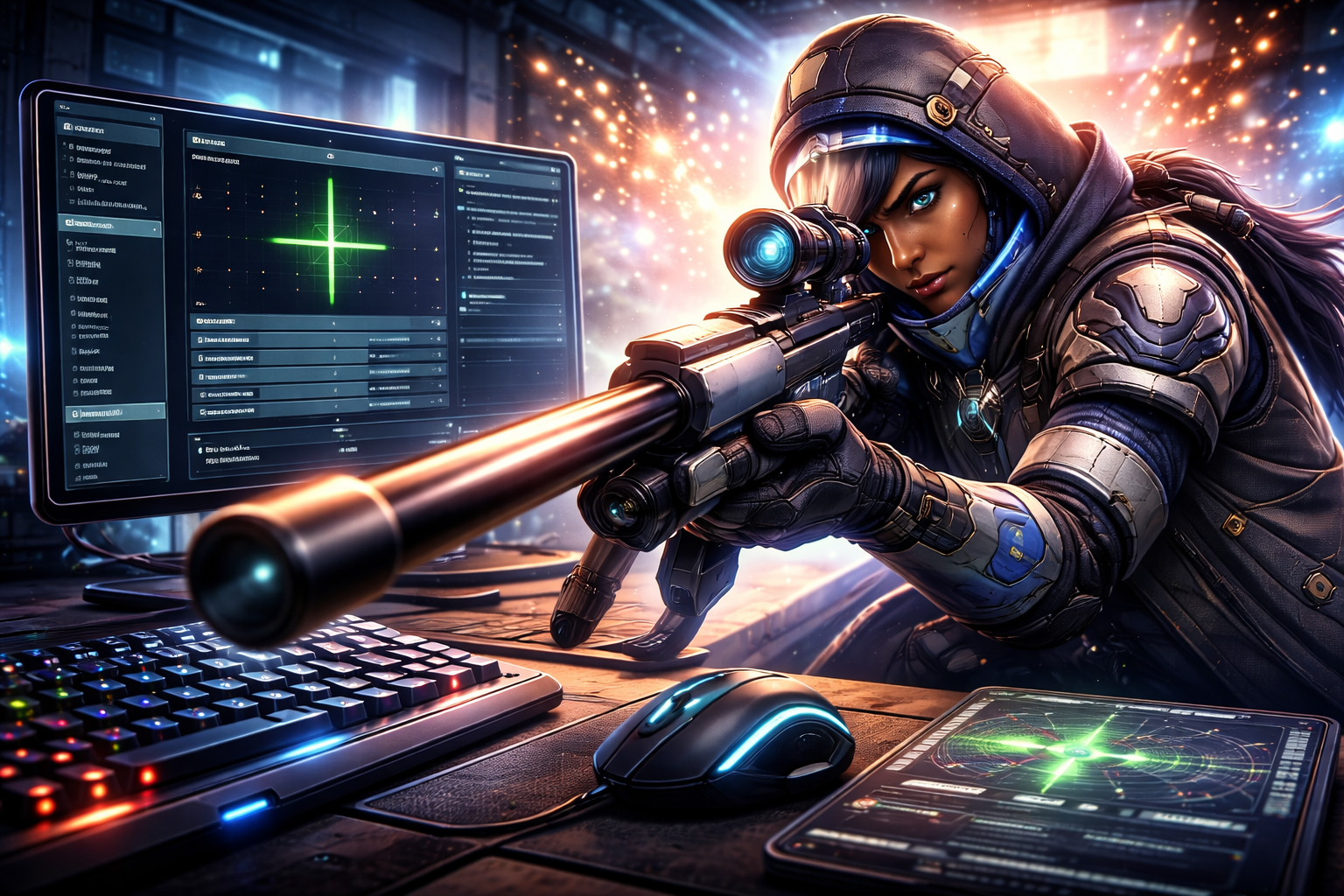 Ana apuntando con su rifle en Overwatch 2, con una pantalla mostrando ajustes de crosshair y un setup gamer al frente, sin textos.