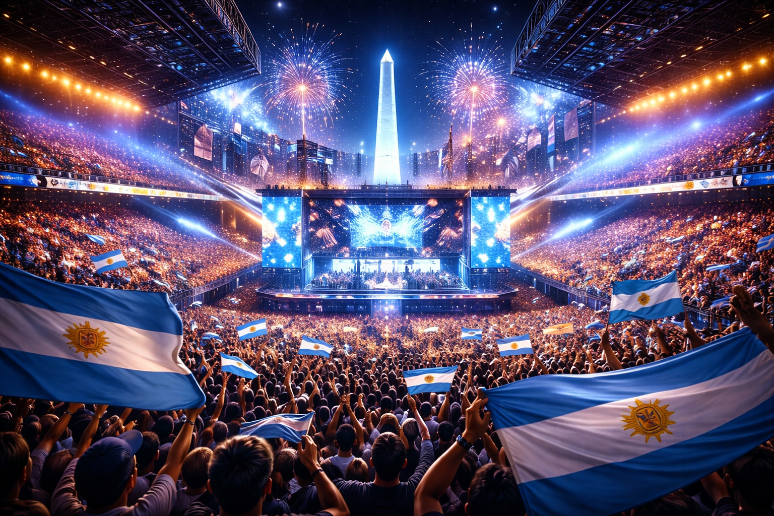 Estadio lleno en Buenos Aires con banderas argentinas, fuegos artificiales y el Obelisco al fondo, ambiente de Major de CS2 sin textos.