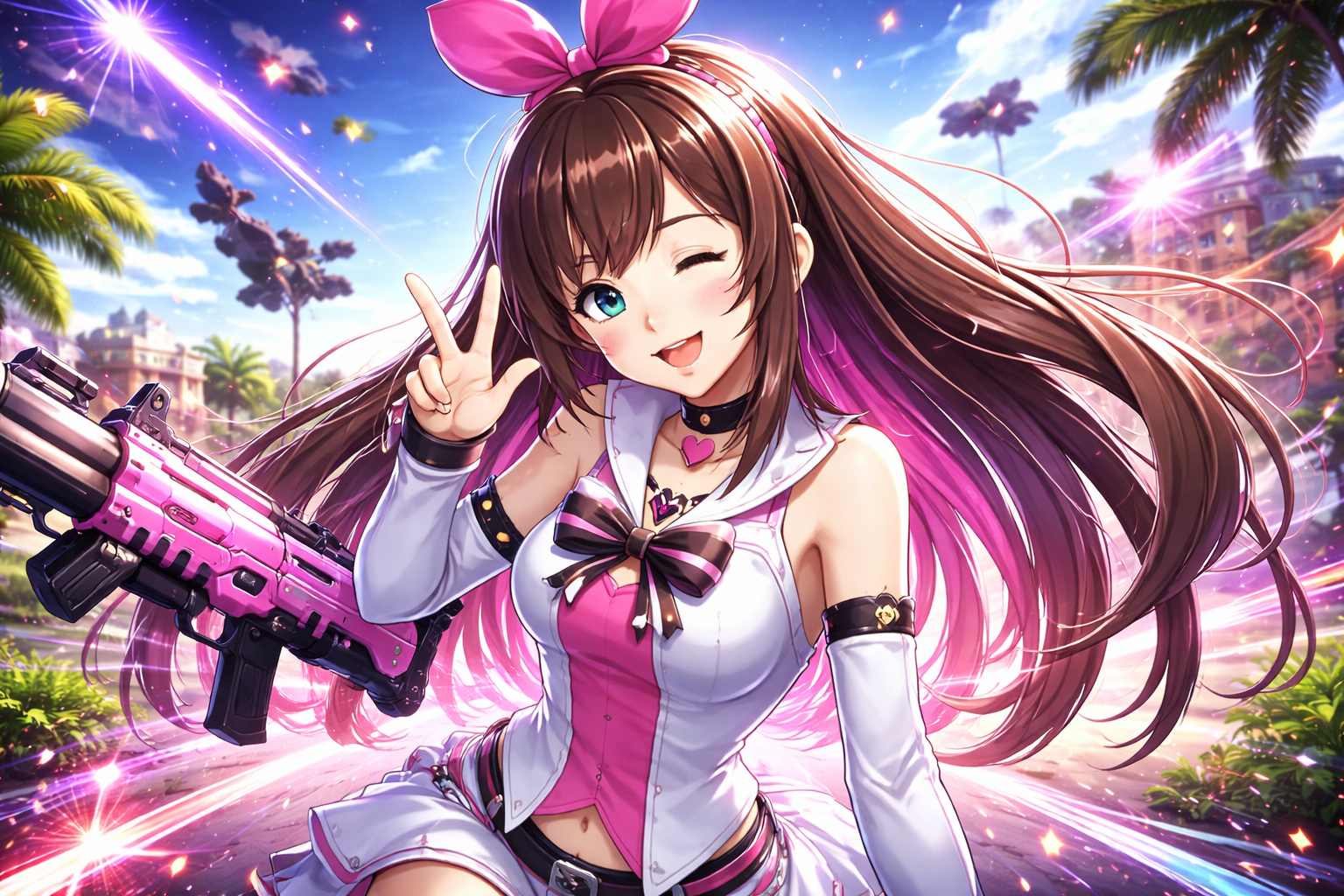 Ilustración estilo anime de una VTuber tipo Kizuna Ai en un escenario inspirado en Fortnite, con colores rosados y pose dinámica, sin textos.
