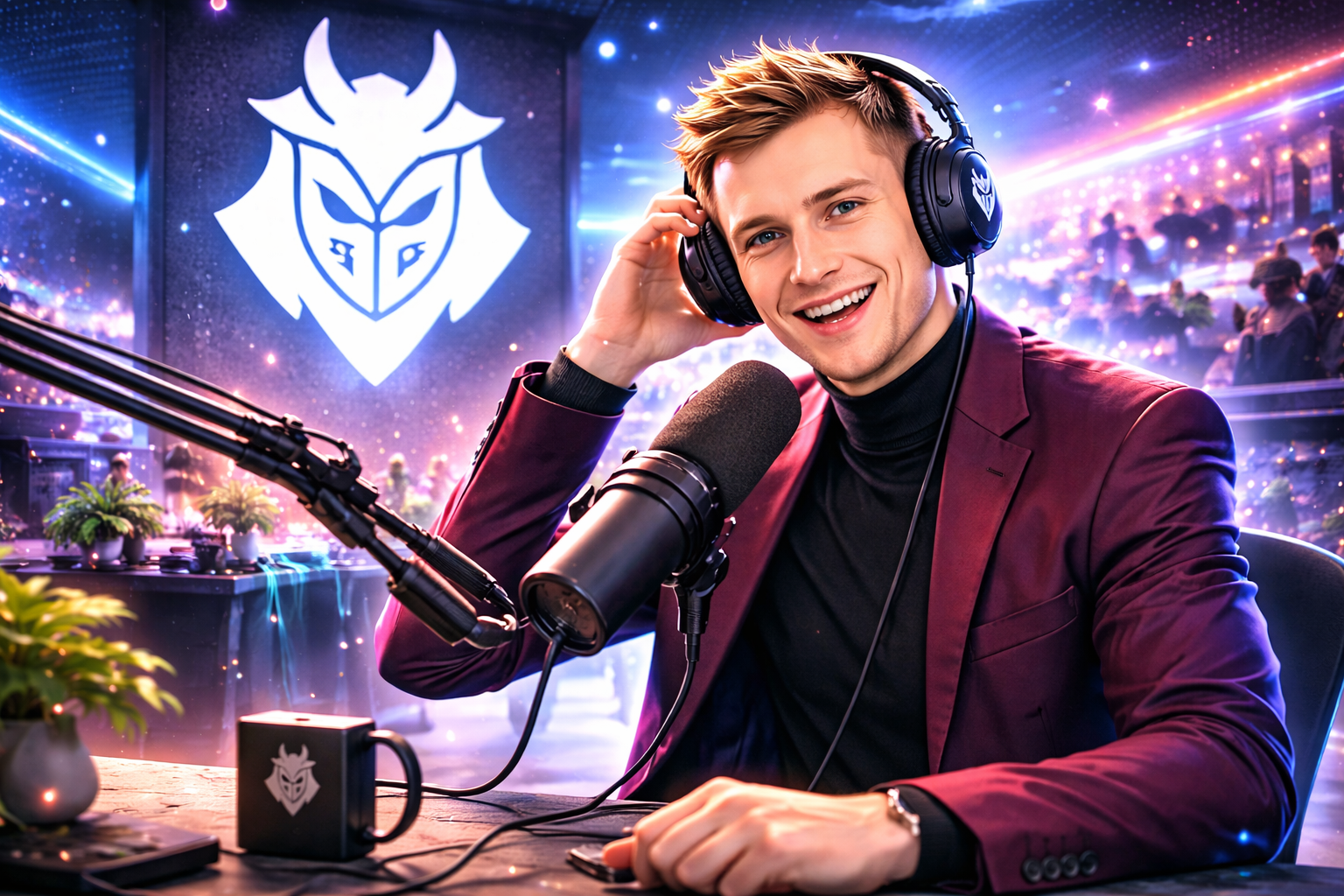 Conductor de podcast de esports con audífonos y micrófono en estudio, con ambiente de la LEC y estética de G2 al fondo, sin textos.