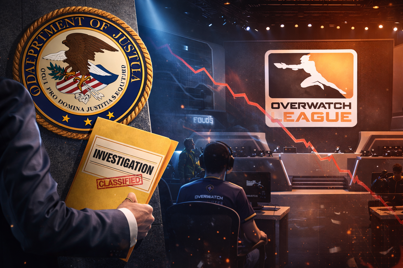 Escena tipo noticia con un edificio gubernamental y documentos de investigación, mezclada con un escenario de esports de Overwatch y jugadores en competencia, sin textos.