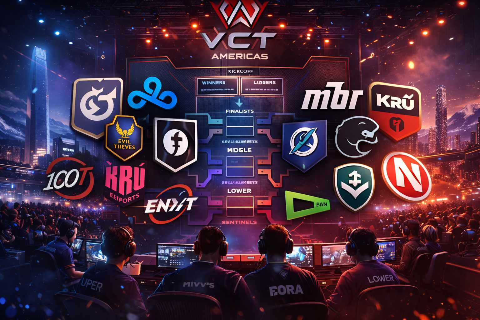 Escenario de VCT Americas con bracket estilo triple eliminación y ambiente de torneo, luces y jugadores en cabinas, estética de VALORANT sin textos.
