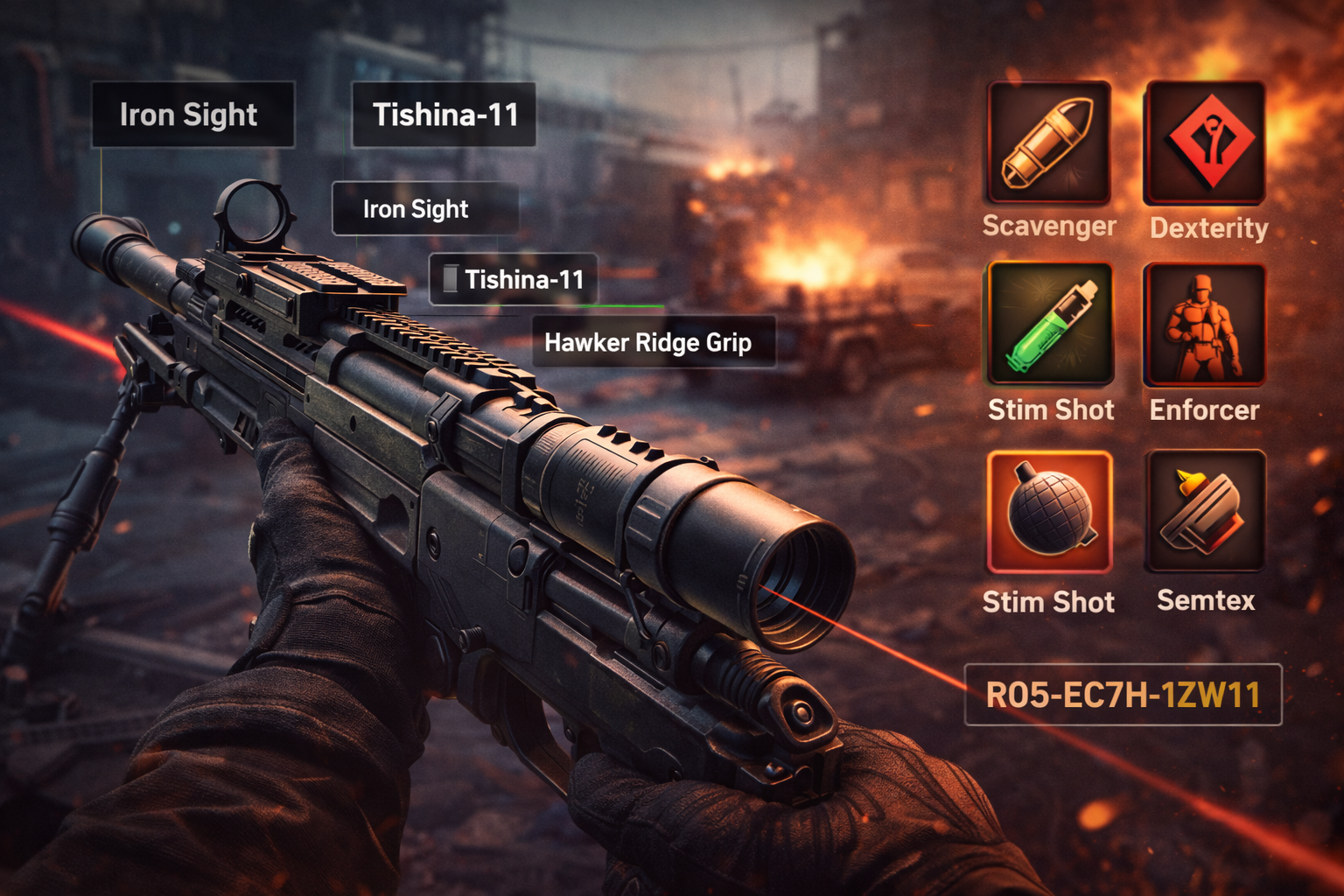 Rifle francotirador Hawker HX en Black Ops 7 en vista en primera persona, armado para quickscoping con accesorios y equipamiento de clase, sin textos.