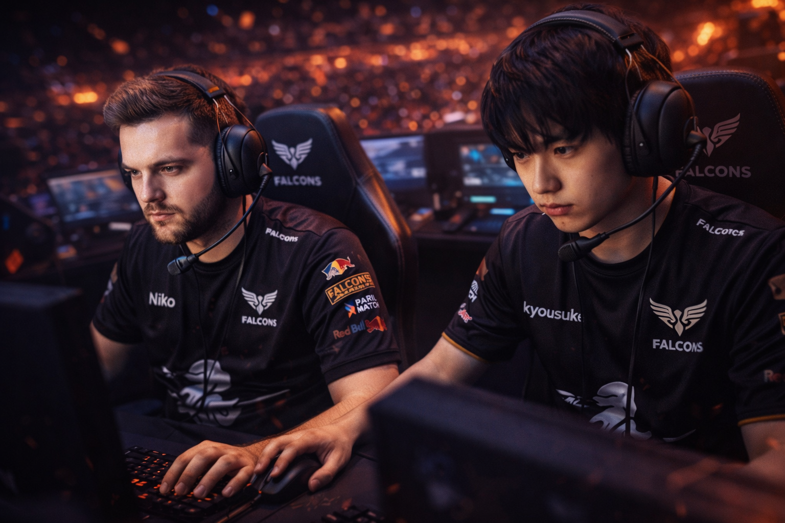 Dos jugadores profesionales de CS2 en escenario de torneo, con jerseys negros y audífonos, concentrados en partida, ambiente de Team Falcons sin textos.